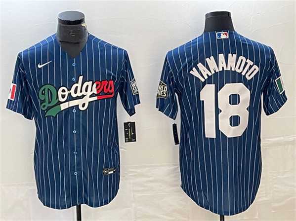 Mens Los Angeles Dodgers #18 Yoshinobu Yamamoto Navy Cool Base With Patch Stitched Baseball Jersey->los angeles dodgers->MLB Jersey